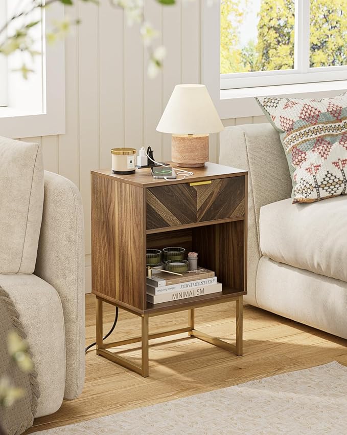 Nightstand with Charging Station, Boho Night Stand Wood Farmhouse Bedside Table with Storage, End Side Accent Table Walnut