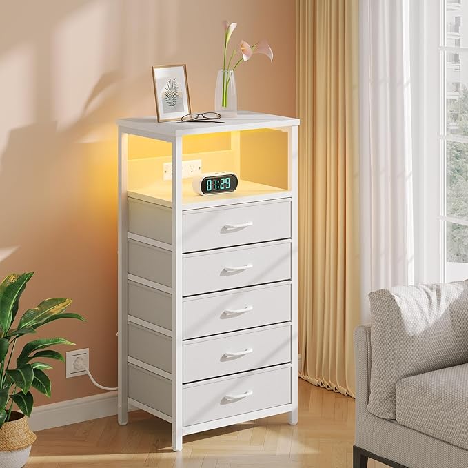 Seventable Night Stand with Charging Station, Tall Nightstand with 5 Fabric Storage Drawers, Side Table with LED Light for Bedroom, Entryway, White, Set of 2