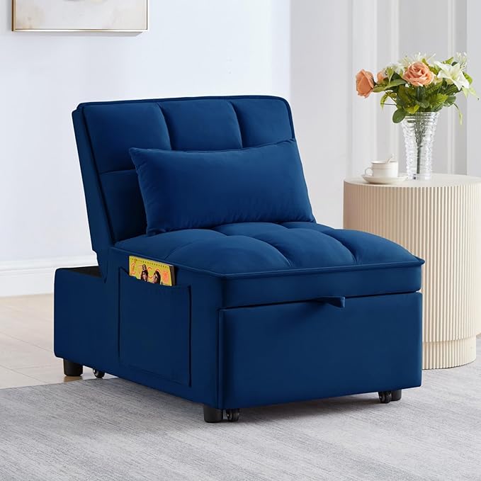 KEIKI Velvet Single Convertible Sleeper Chair Sofa Bed with Adjustable Backrest, Pillows & Storage Pockets, 3 in 1 Pull-Out Couch Chaise Lounge Recliner for Living Room Balcony Bedroom, Navy