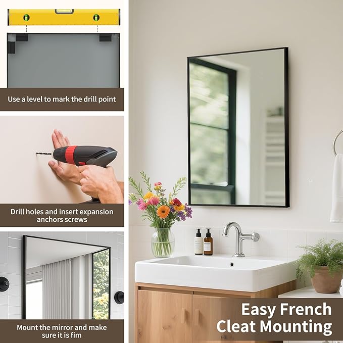 Matte Black Mirror, 24x36 Inch Aluminum Framed Rectangle Mirror, Anti-Rust, Tempered Glass, Square Corner Wall Mirror for Over Sink, Vanity, Bedroom, Entryway, Horizontal/Vertical