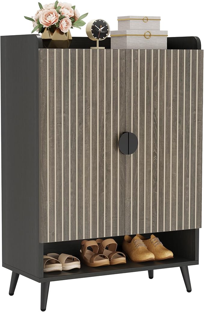 Tribesigns Shoe Cabinet with Doors, 7-Tier Shoe Storage Cabinet with Adjustable Shelves, Wooden Shoes Rack Shoe Storage Organizer for Entryway, Hallway, Closet, Living Room, Gray