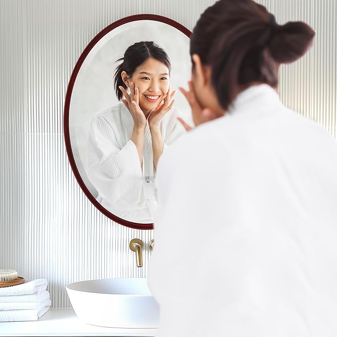 OVALCREST - Oval Wooden Beveled Wall Mirror for Home Decor, Bathroom, Vanity, Bedroom, Living Room, Hallway - London Style (Black Cherry) 25.1 x 37.1
