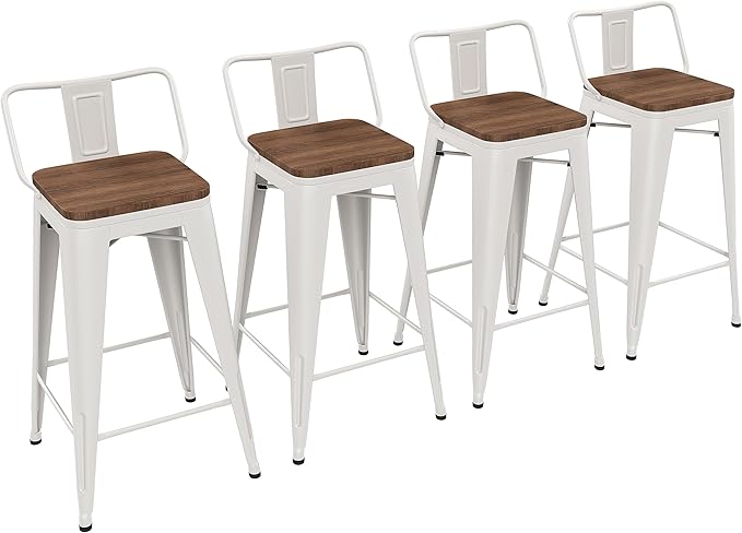 Yongchuang 26 inch Bar Stools Set of 4 Kitchen Counter Height Chairs with Wood Seat Industrial Low Back Metal Barstools Cream White