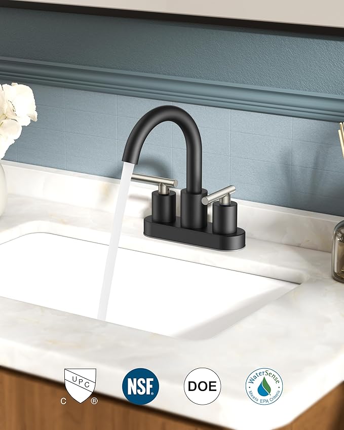 FORIOUS 4 Inch Centerset Bathroom Sink Faucet Black and Brushed Nickel, 2 Handle RV Bathroom Sink Faucet Matte Black 4" with Pop Up Dain, 24 in Hot and Cold Water Hoses, and 360 Degree Swivel Spout