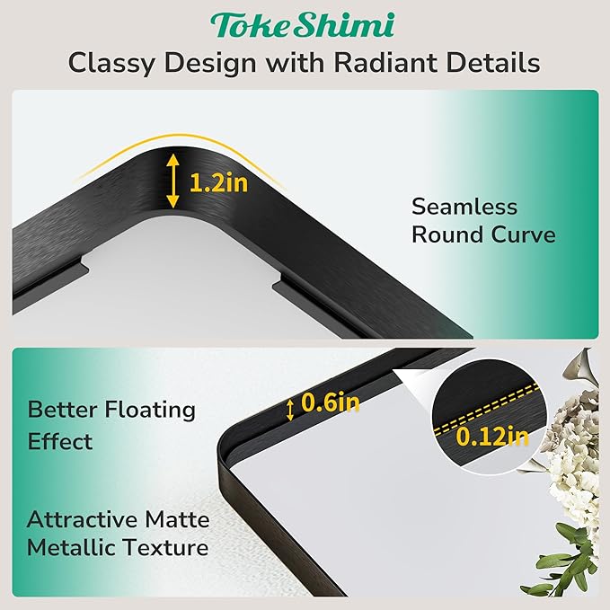 TokeShimi 48x24 Matte Black Bathroom Mirror for Over Sink,Bathroom Mirror Rectangle with Tempered Glass,Vanity Mirror with Seamless Aluminum Frame(Horizontal/Vertical)