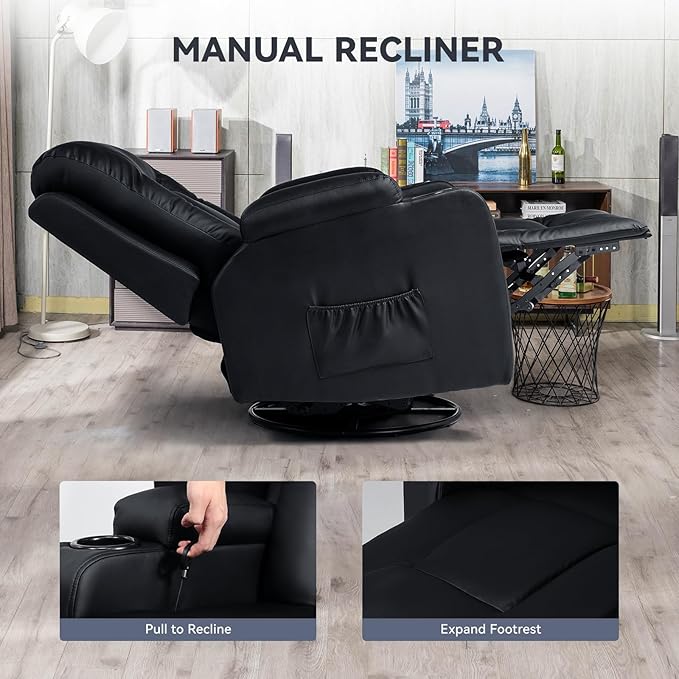 COMHOMA Living Room Furniture Set,Bonded Leather Sofa with Massage,Cup Holder Recliner Chair,3+2+1,Black