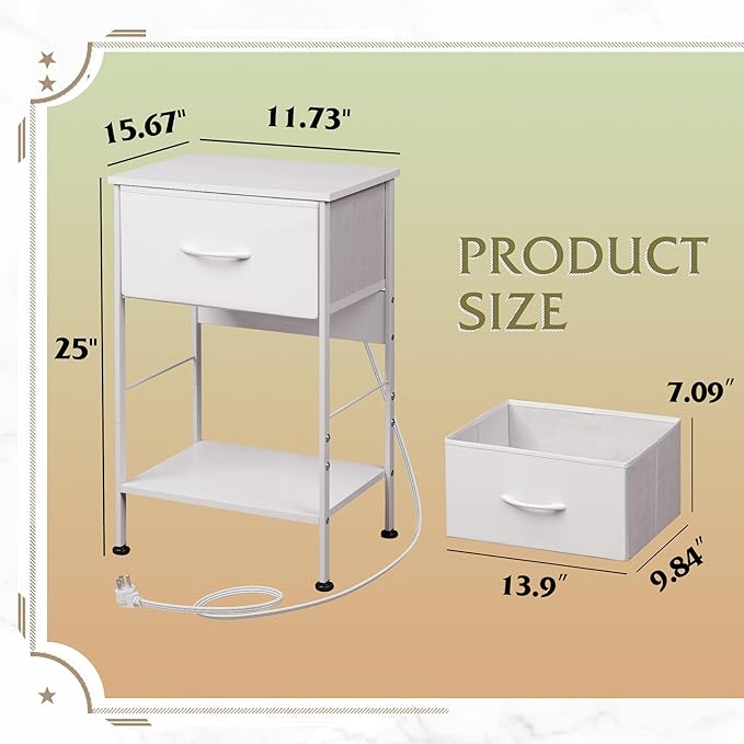 WLIVE Nightstand with Charging Station, 25" H Nightstand with 1 Fabric Drawer and Open Wood Shelf, Bed Side Table for Bedroom, 2-Tier Storage End Table, Small Dresser for Dorm, Entryway, White