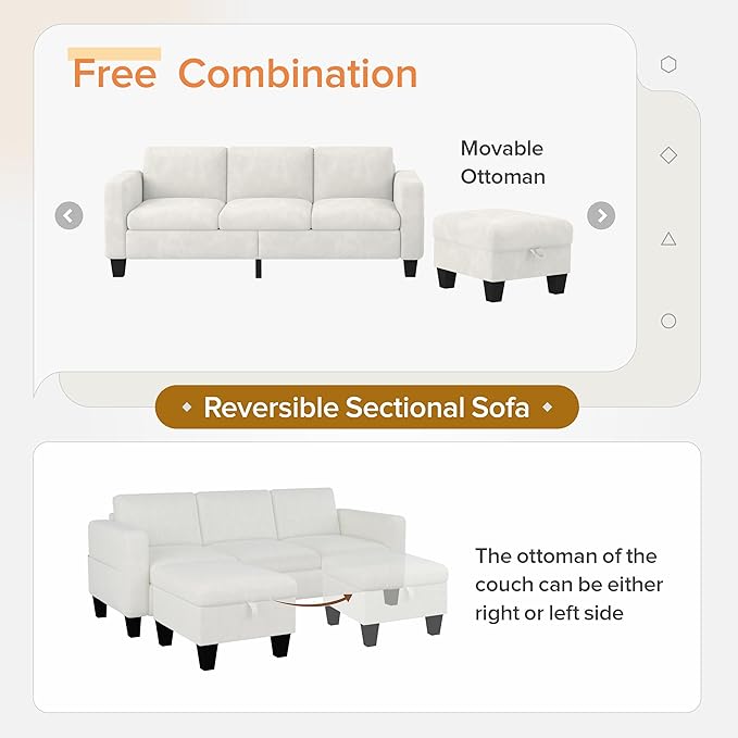 ZeeFu Convertible Sectional Sofa Couch, 3 Seat L-Shaped Sofa with Movable Ottoman, Modern Mocha Brown Velvet Linen Upholstered Small Sectional Sofa Couch for Small Space Apartment Living Room Office