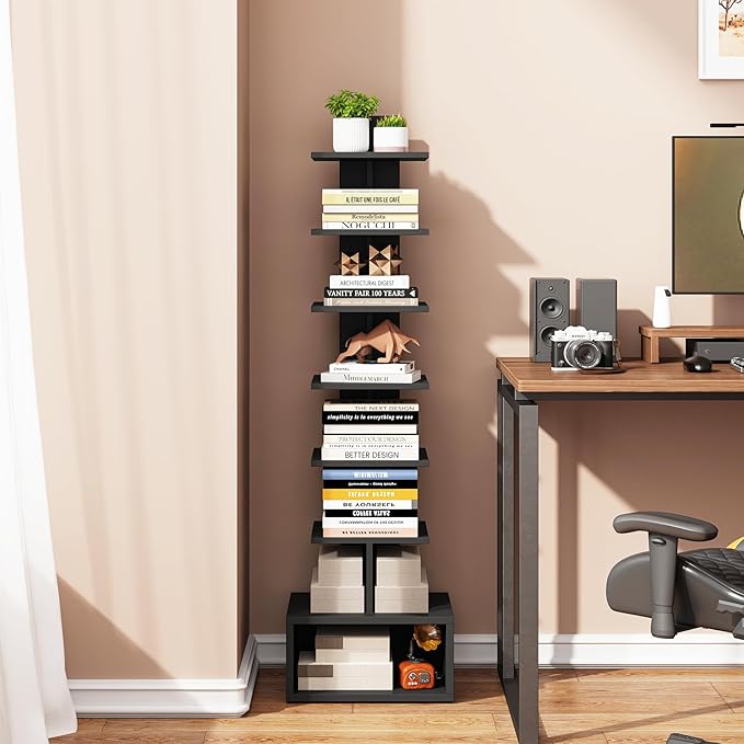 TUTOTAK Narrow Bookshelf, Vertical 8-Tier Bookcase, Spine Book Shelf for Small Space, Small Standing Shelf for Living Room, Office, Study, Entryway, Black BS07BK008