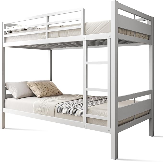 Feonase Metal Bunk Bed Twin Over Twin with Ladder and High Guardrail, Heavy-Duty Metal Slats Support, Noise Free, No Box Spring Needed, for Kids and Juniors, Black