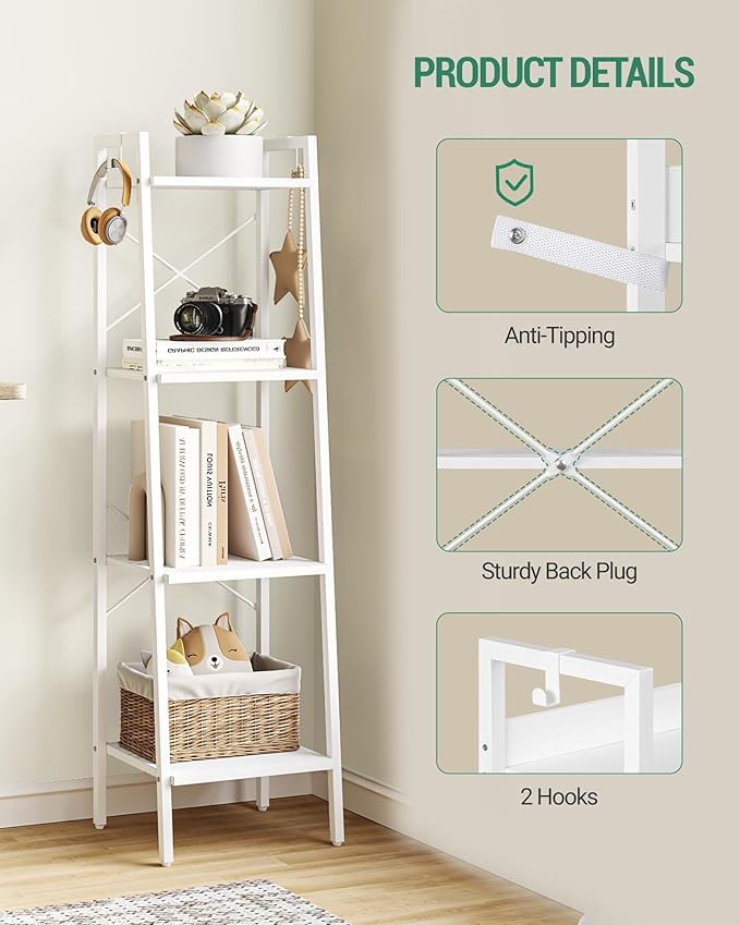 Ladder Shelf, Bookshelf Bookcase, Freestanding Corner Storage Shelve with 2 Hooks for Home Office, Living Room, Kitchen, Bedroom, Industrial, 4-Tier White BC13213W