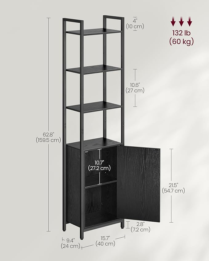 VASAGLE 6-Tier Bookshelf, Tall Bookcase with Cabinet, Steel Frame, Adjustable Shelves, 9.4 x 15.7 x 62.8 Inches, Living Room Bedroom, Ebony Black and Ink Black ULLS132B01