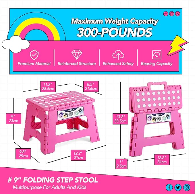 Delxo Folding Step Stool, 9 inch Non-Slip Foldable Stools Up to 300 LBS, Step Stool with Handle, Lightweight for Kitchen, Bathroom, Bedroom, Garden, Rose Pink, 1PC