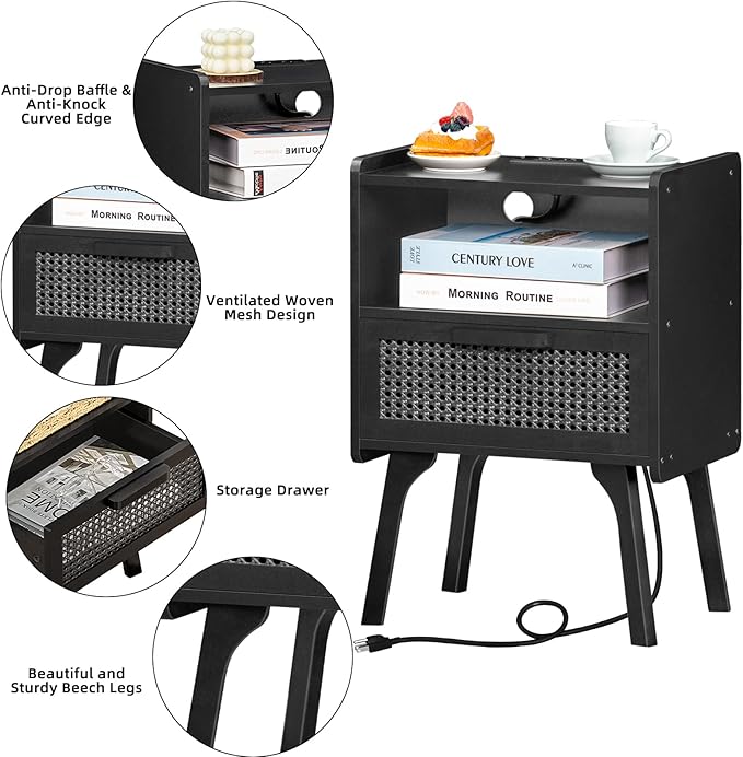 Lerliuo Rattan Nightstand with Charging Station, Side Table with Drawer Open Shelf, Cane Bedside End Table with Solid Wood Legs, Mid Century Night Stand for Bedroom, Dorm and Small Spaces (Black)