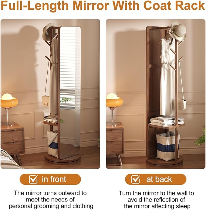 70"x16"Full Length Mirror with Stand,Coat Rack with Mirror,Solid Wood Floor Mirror,Swivel Mirrorfor Bedroom, Living Room, Cloakroom