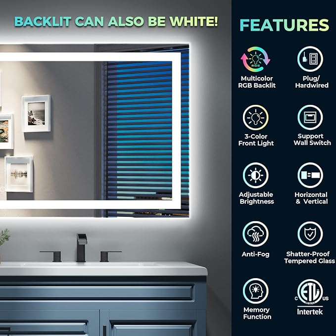 36x28 Inch RGB LED Bathroom Mirror Front Light and RGB Backlit Lighted Vanity Mirror for Bathroom Wall Mounted Dimmable Anti Fog Memory Shatter-Proof IP54 Waterproof Horizontal/Vertical