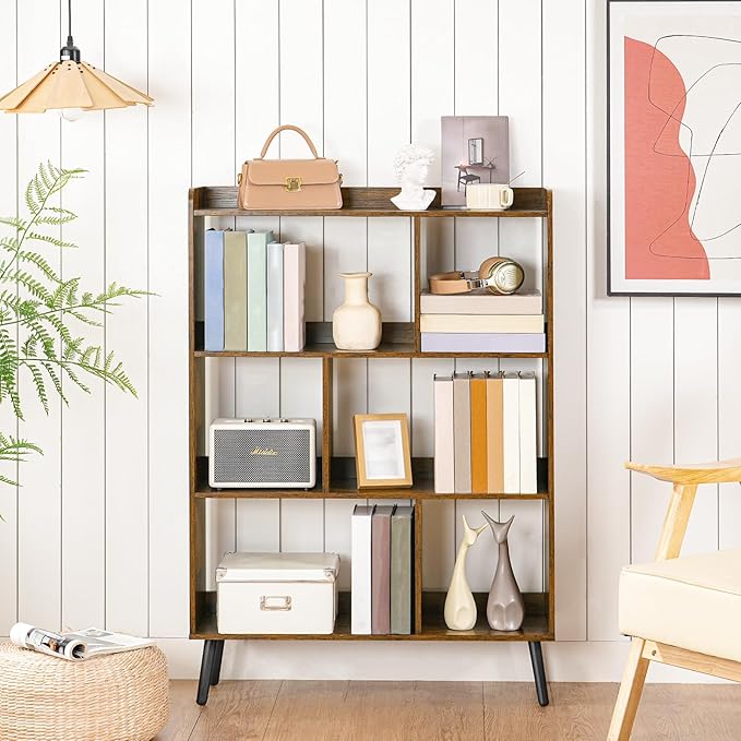 HOOBRO 6 Cube Bookshelf, 4 Tier Bookcase with Legs, Mid-Century Modern Bookshelves, Large Open Storage Shelf, Wooden Book Case for Living Room, Bedroom, Office, Kitchen, Rustic Brown FG116SJ01