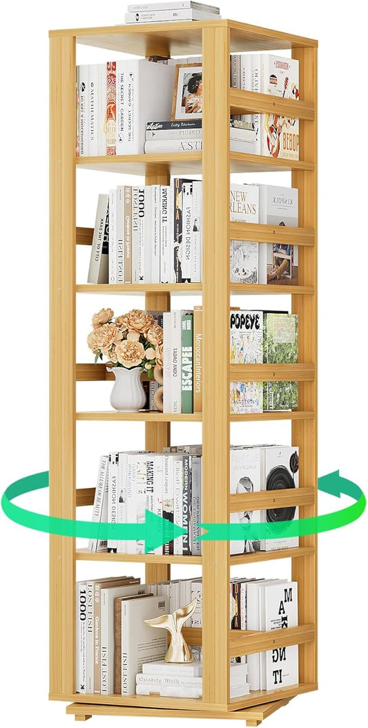 Homykic Rotating Bookshelf, Bamboo 360 Display Spinning Bookshelf Tower, 5-Tier Small Corner Bookcase for Small Spaces, Narrow Revolving Book Shelf Organizer Rack for Home Office, Natural