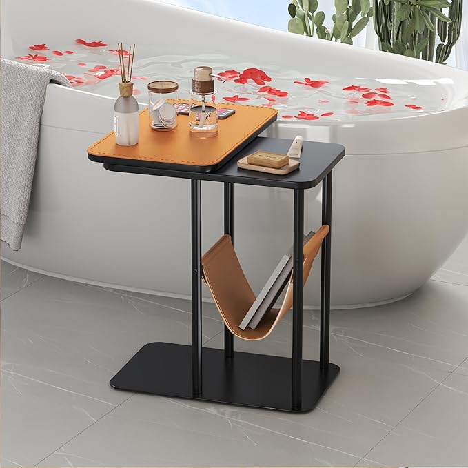 C Table End Table, Metal Base C Shaped Side Table, Double Tabletop Laptop Stand TV Table for Sofa and Bed, Couch Tables That Slide Under, Coffee Table for Bedroom Living Room Small Spaces (Walnut-1)