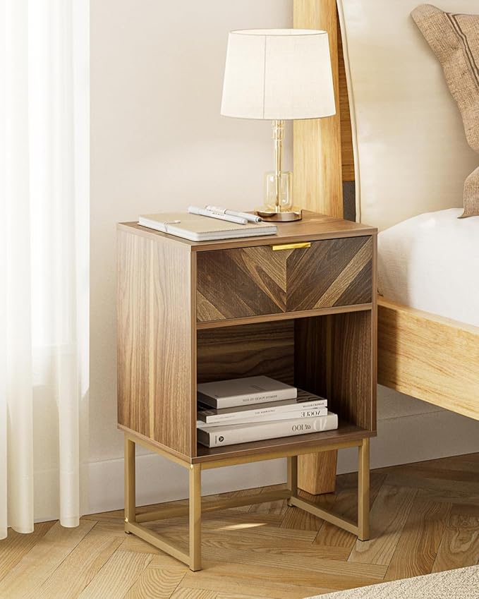 Nightstand, Boho Night Stand Wood Farmhouse Bedside Table with Storage, End Side Table for Bedroom,Living Room,Walnut