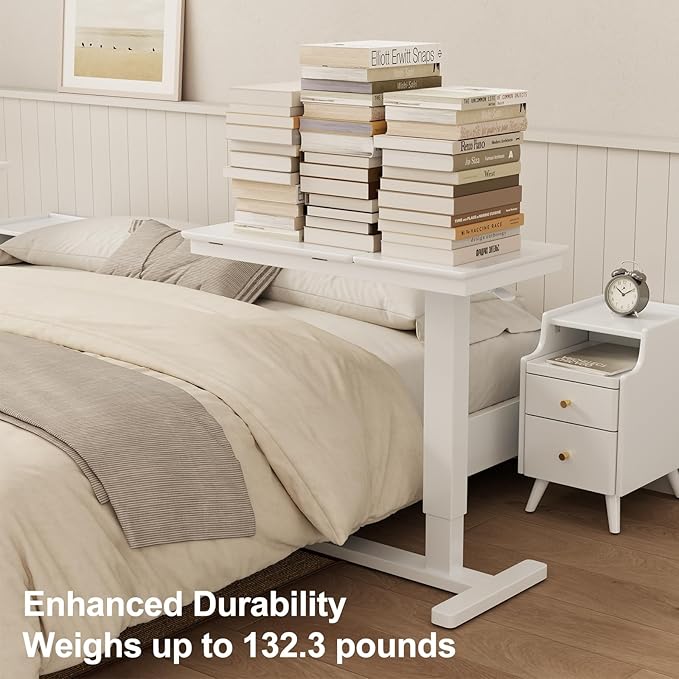 Solid Wood Overbed Bedside Table with Wheels, Adjustable Medical Tilt Top Hospital Bed Table Over The Bed, Rolling Laptop Desk, Mobile Standing Desk for Hospital and Home Use (White)
