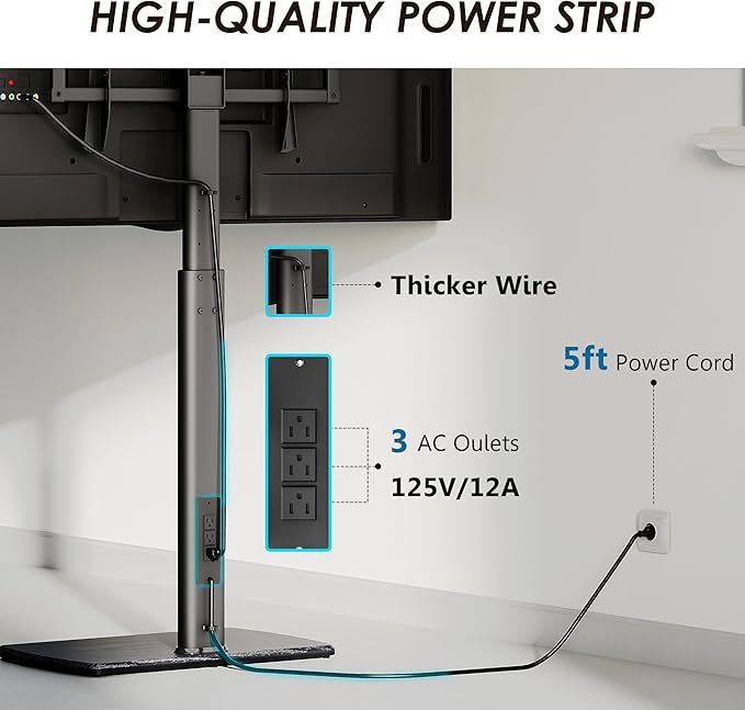 FITUEYES Tall TV Floor Stand with Power Outlet for Bedroom, Living Room, Swivel Floor Standing Corner TV Stand with Wood Base for 32 to 65 70 inch TV, Black