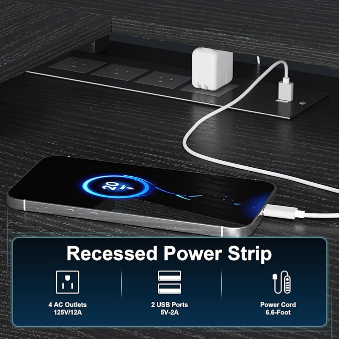 53inch L Shaped Desk,L Shaped Gaming Desk with Power Outlets & LED Lights, Computer Desk with Monitor Stand & Storage Bag, Home Office Desk Corner Desk with Hooks, Easy to Assemble, Black