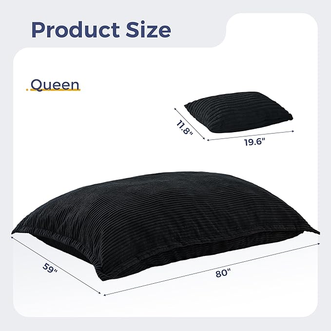MAXYOYO Giant Bean Bag Chair with Pillow, 3 in 1 Convertible Bean Bag Chair for Adults with Washable Cover, Removable Floor Cushion Stuffed Floor Lounger for Living Room Bedroom, Black, Queen