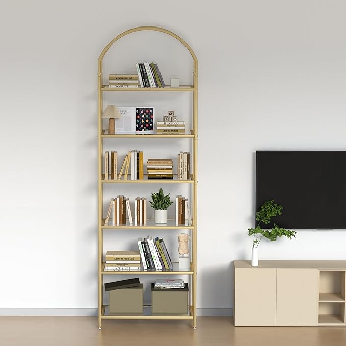 Homhedy Bookshelf Arched Display Racks,Metal Bookcase,Tempered Glass Shelves,Storage Rack Shelf for Home Office,Living Room,Bedroom, Bathroom,Modern Style (Golden, 11.8" D x 23.6" W x 73.6" H)