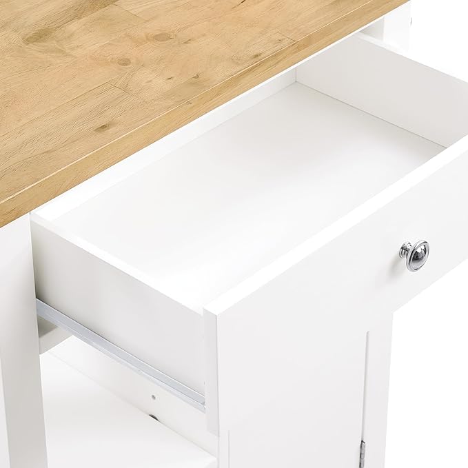 OSP Home Furnishings Derry Modern Farmhouse Kitchen Cart with Natural Butcher Block Top, Rolling Storage Cabinet with Drawer, Shelves, Hooks, White Finish
