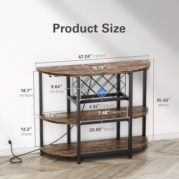 Zarler Bar Cart with Power Outlet Easy to Assemble, LED Home Bar Cabinet for Liquor, 47.3" L x 15.8" D x 36" H Metal Mini Bar Table with 4-Tier Storage, Brown