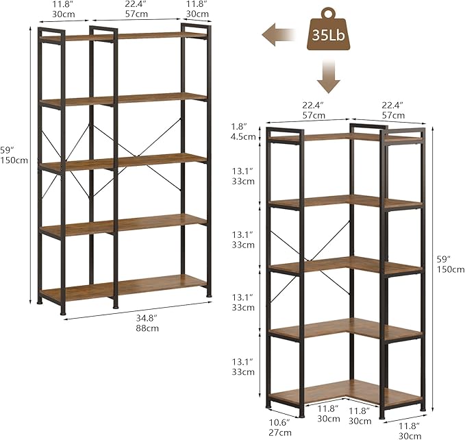 Tohomeor Bookshelf 5 Tier Deformable Corner Bookcase Free Standing Modern Industrial Book Storage Display Book Shelf for Bedroom Living Room Study Room Office (Brown)