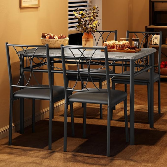 GAOMON Dining Table Set for 4, Rectangle Kitchen Table with 4 Upholstered Chairs Set for 4, 5-Piece Compact Apartment Kitchen & Dining Room Set Furniture for Small Spaces, Space-Saving, Rustic Gray