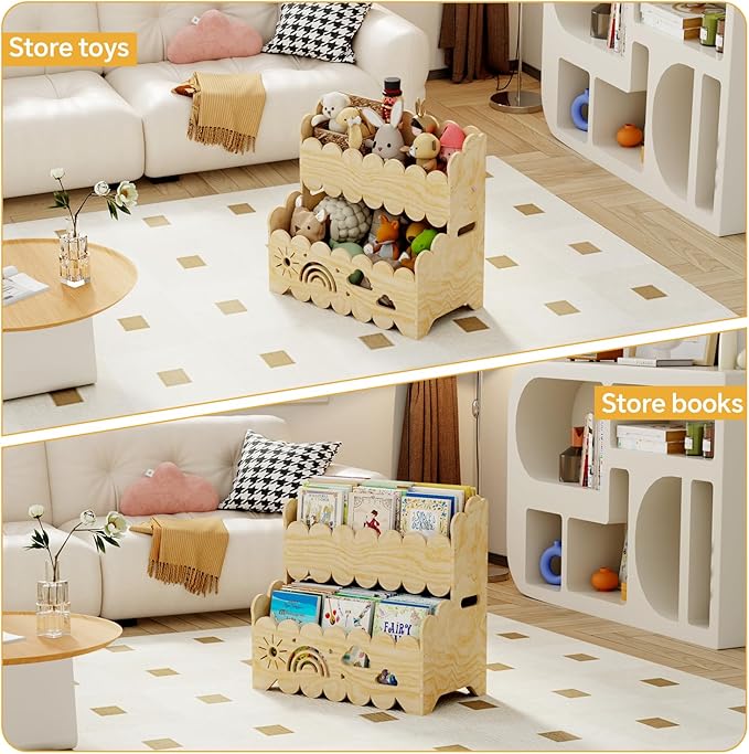 Wood 2-Tier kids bookshelf, Montessori Bookshelf, Suitable Kids Rooms, Nursery & Classroom, kids bookshelf and Toy Storage, Toddler Book Rack, Nursery Book Shelves