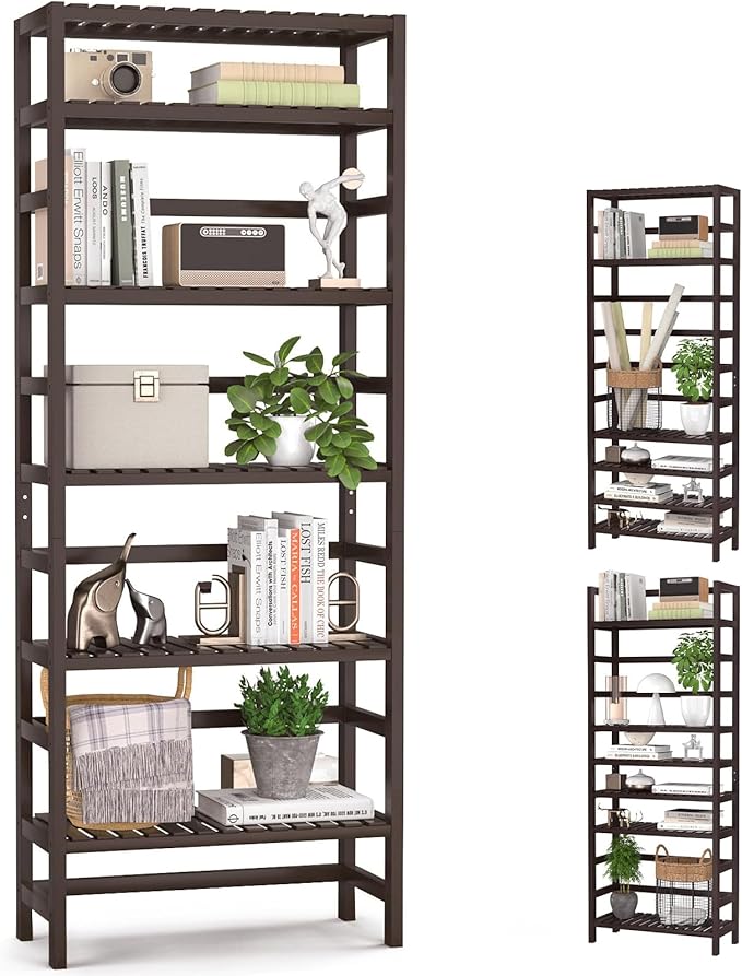 Homykic 6-Tier Bamboo Bookshelves and Bookcases, Adjustable 63.4”Tall Shallow Book Shelf Organizer Rack, Freestanding Storage Shelving Unit for Living Room, Kitchen, Bathroom, Office, Espresso