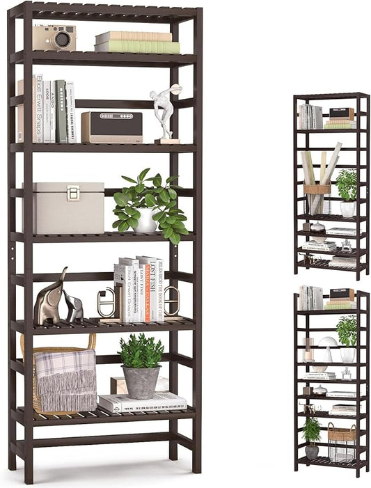 Homykic 6-Tier Bamboo Bookshelves and Bookcases, Adjustable 63.4”Tall Shallow Book Shelf Organizer Rack, Freestanding Storage Shelving Unit for Living Room, Kitchen, Bathroom, Office, Espresso