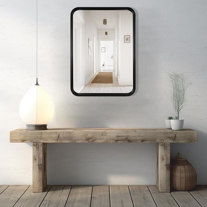 WallBeyond 18x24 Inch Wood Mirror for Bathroom, Wooden Frame Wall Mirror Farmhouse Wall Mounted Rectangle Mirror for Vanity (Horizontal/Vertical Black Color)