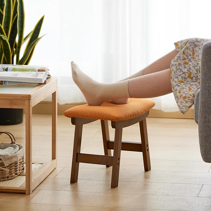 Foot Stool Ottoman Foot Rest Under Desk,Small Stool for Living Room, Bedroom and Kitchen (Brown Legs - Orange Stool Surface)