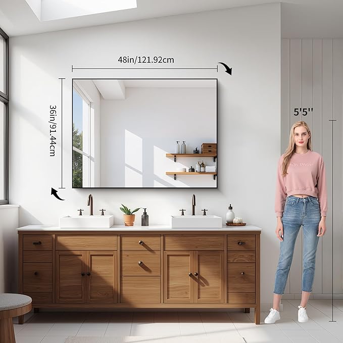 YIROMAN Bathroom Mirror for Wall 48"x36", Large Matte Black Bathroom Mirror with Metal Frame, Rectangular Vanity Mirror with Right Angles, Wall Mirror Hangs Horizontal or Vertical, Shatterproof