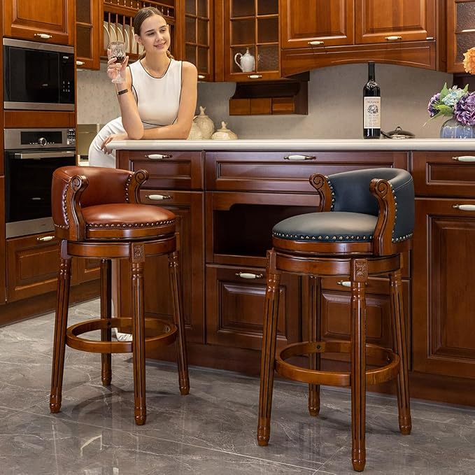 Cow top Leather Wooden Set of 2 Bar Stools, 29.5" Bar Height Bar Chair with Back, 180 Degrees Swivel Barstools Chair for Home Kitchen Counter,Dining Room, Restaurant,Study and Pub