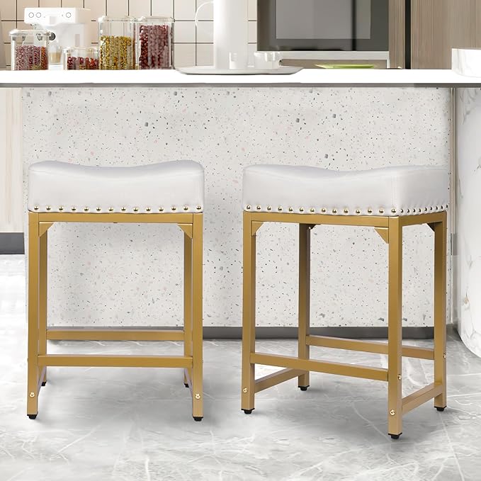 Bar Stools Set of 2, Counter Height Bar Stools for Kitchen Island, 24 Inch Modern White & Gold Saddle Backless Barstools, Counter Stool with Metal Base & Thick Saddle Seats(White+Gold)