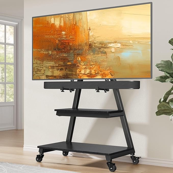 Perlegear Mobile TV Stand with Soundbar Mount, Rolling Floor TV Stand with Wheels for 43-80" TVs up to 132lbs, Mobile TV Cart with Storage Shelves, Tilt Swivel Corner TV Cart Max VESA 600x400mm