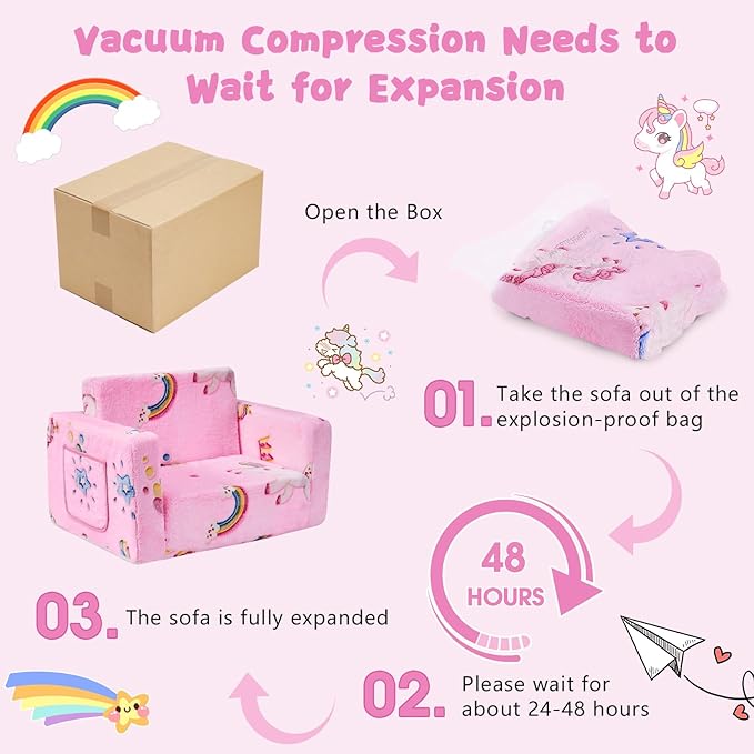 Toddler Couch,Toddler Chair,Kids Chair 2-in-1 Baby Seat Furniture Fold Out, Convertible Sofa to Lounger Comfy Glow in The Dark Sofa Bed,Gifts for Kids Girl Boys,Unicorns Rainbow,Medium