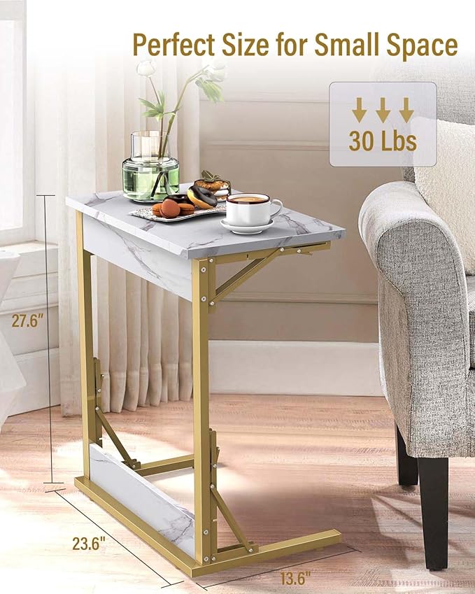 Tatub 24" Folding TV Tray Table, Marble C Shaped End Table for Couch, Small Sofa-Side Laptop Desk with Gold Metal Frame for Living Room, Bedroom, Bedside