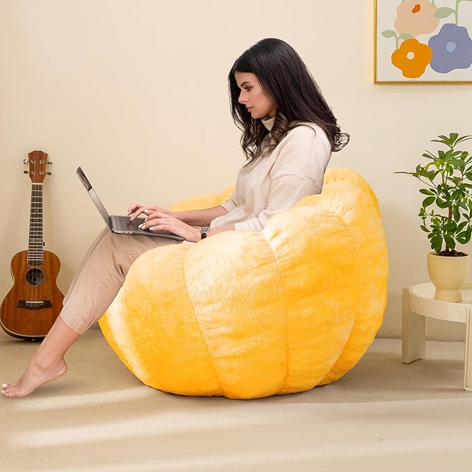 Pumpkin Bean Bag Sofa Chair, Bean Bag Chair with Filler for Teens, Kids, Toddler, Comfy and Lazy Sofa for Dorm, Apartment, Living Room and Bedroom, Orange