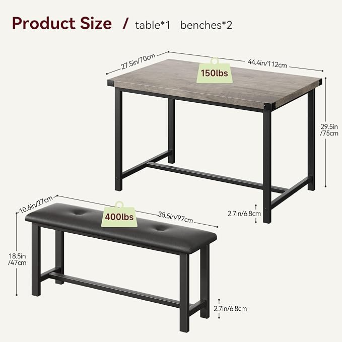 Garvee Dining Table with 2 Benches, Kitchen Table with 2 Upholstered Benches Rectangular Space Saving for Apartment, Dining Room, Kitchen, 44.5 Inches Large, Grey
