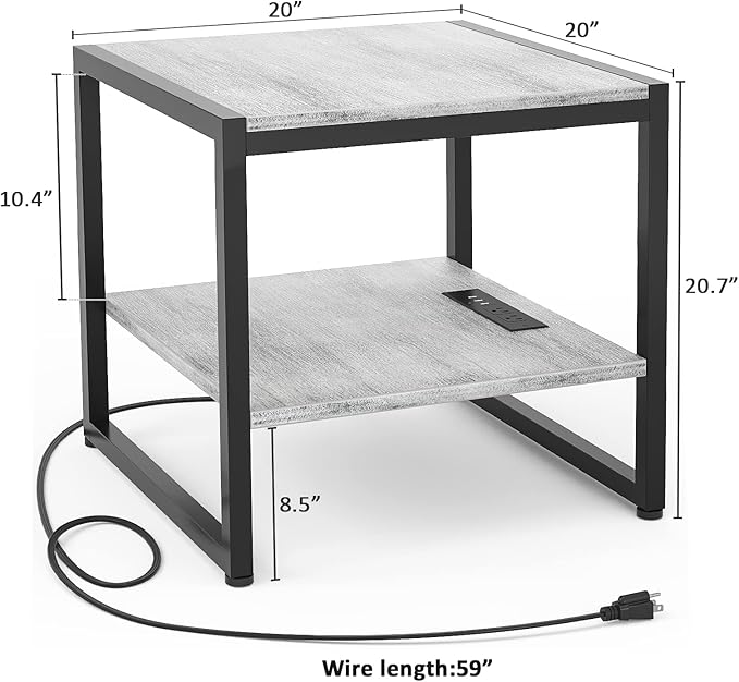 Homieasy End Table with Charging Station, 20 Inch Square Side Table with USB Ports & Power Outlets, Grey Nightstand with 2-Tier Storage Shelf, Mini Fridge Stand for Small Spaces, Light Oak