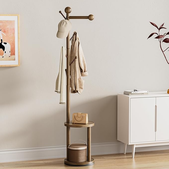 Solid Wood Rotary Coat Rack, Freestanding 360° Swivel Coat Rack with Heavy-Duty Base, 8 Hooks & 2-Tier Shelves for Entryway, Bedroom, Office, Standing Coat Tree for Jackets, Hats, Bags (Walnut)