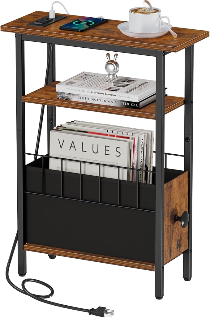 Snughome Narrow Side Table with Charging Station, Slim End Table for Small Spaces, 3 Tier Skinny Nightstand with Drawer, Sofa Beside Table with Storage Shelf for Living Room Bedroom