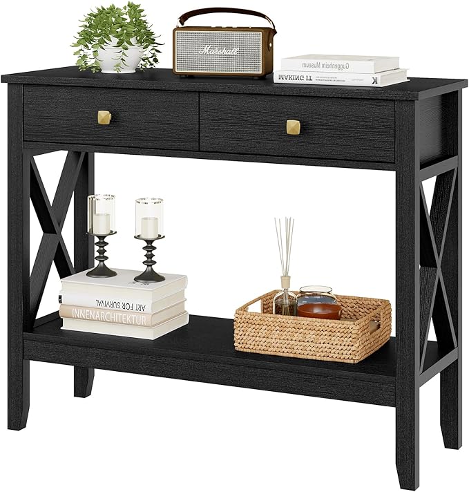 Console Table,Sofa Table 13.8" D x 39.37" W x 31.5" HEntryway Table with 2 Drawers Storage Shelve Foyer Table for Entryway Farmhouse Hallway Tables (Black)